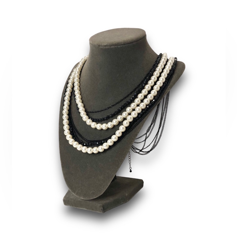 Long Necklace with Black Chains, Pearls & Beads